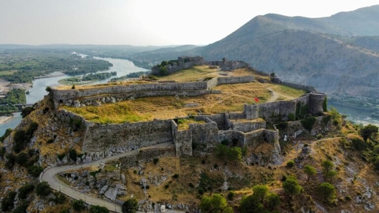 drone view of Rozafa Castle, Albania